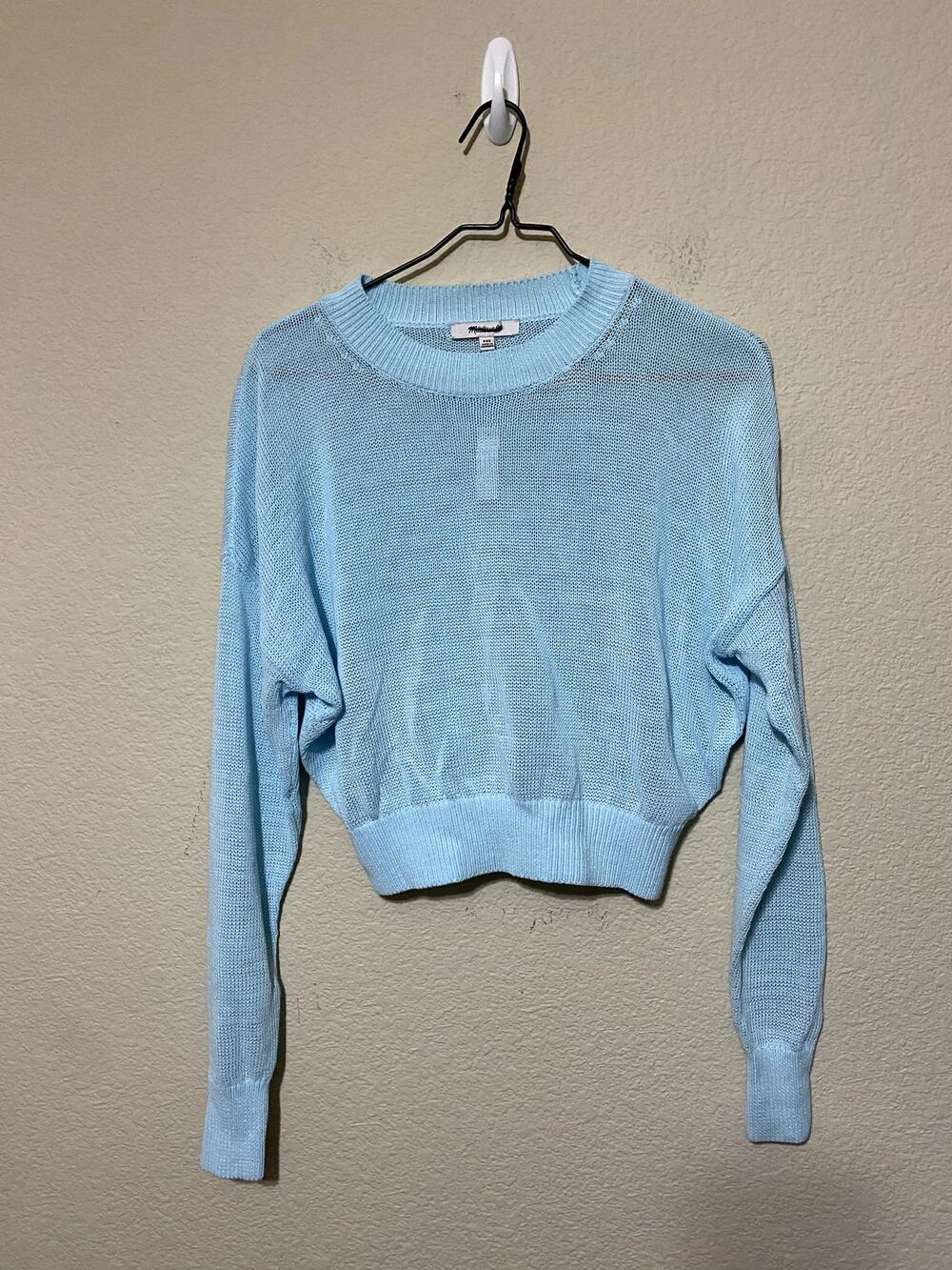 Madewell Sweater Women XXS Blue Long-Sleeve Crop Crew-Neck Sheer Open-Knit NWT
